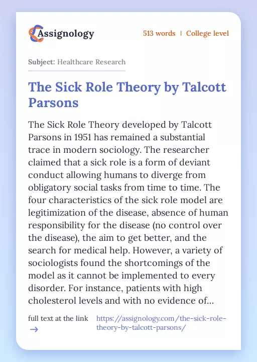 The Sick Role Theory by Talcott Parsons - Essay Preview