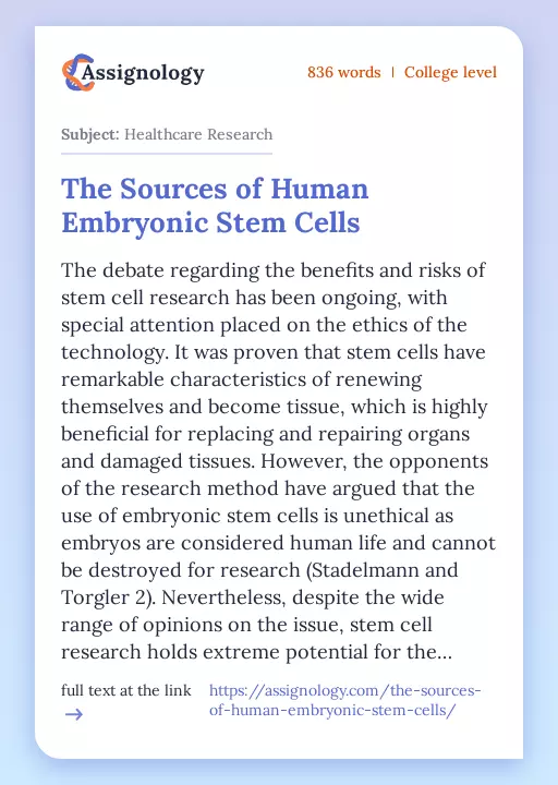 The Sources of Human Embryonic Stem Cells - Essay Preview