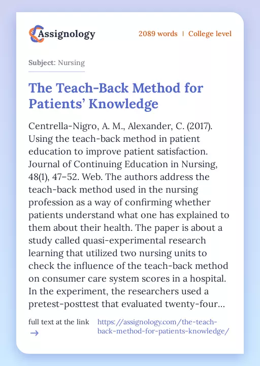 The Teach-Back Method for Patients’ Knowledge - Essay Preview