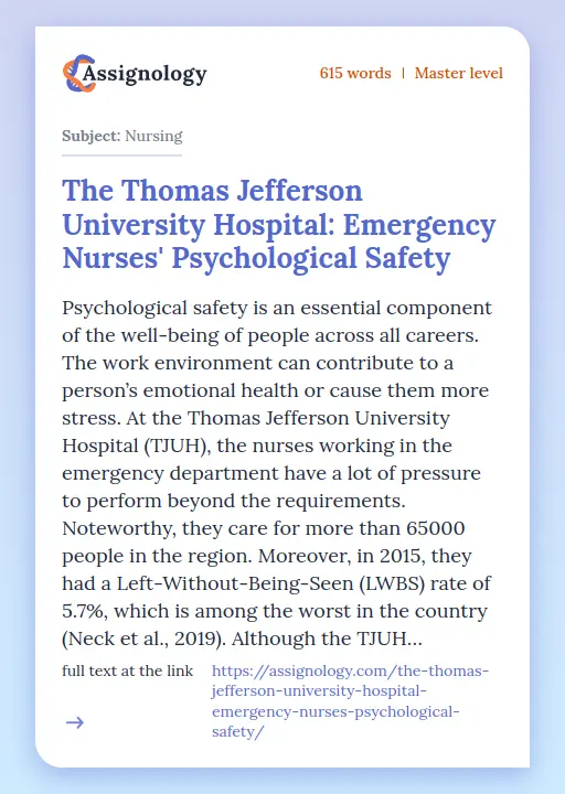 The Thomas Jefferson University Hospital: Emergency Nurses' Psychological Safety - Essay Preview