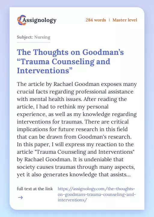 The Thoughts on Goodman’s “Trauma Counseling and Interventions” - Essay Preview