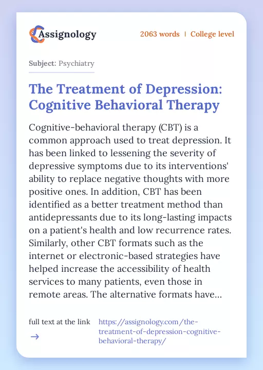 The Treatment of Depression: Cognitive Behavioral Therapy - Essay Preview