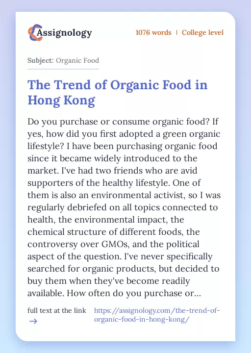 The Trend of Organic Food in Hong Kong - Essay Preview
