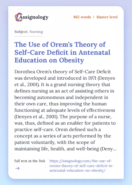 The Use of Orem’s Theory of Self-Care Deficit in Antenatal Education on Obesity - Essay Preview
