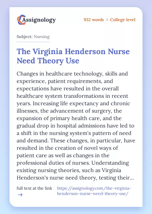 The Virginia Henderson Nurse Need Theory Use - Essay Preview