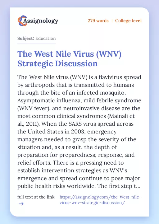 The West Nile Virus (WNV) Strategic Discussion - Essay Preview