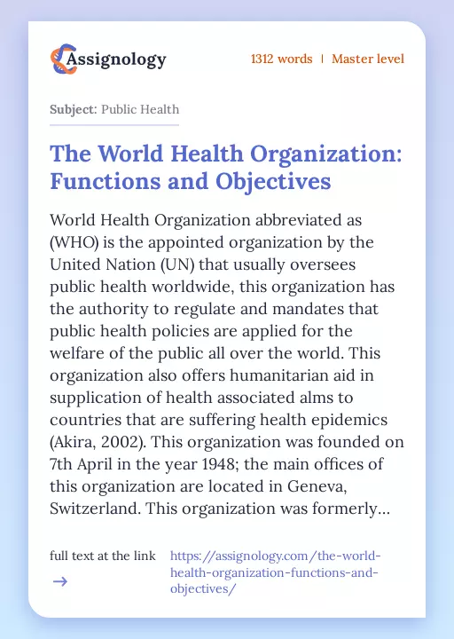 The World Health Organization: Functions and Objectives - Essay Preview