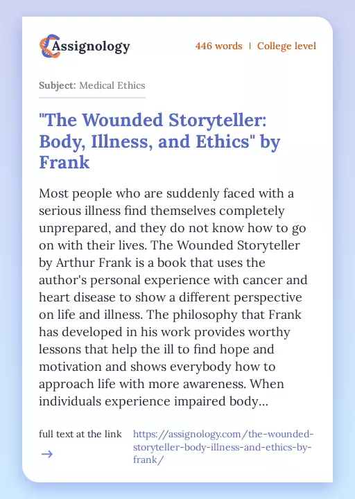 "The Wounded Storyteller: Body, Illness, and Ethics" by Frank - Essay Preview