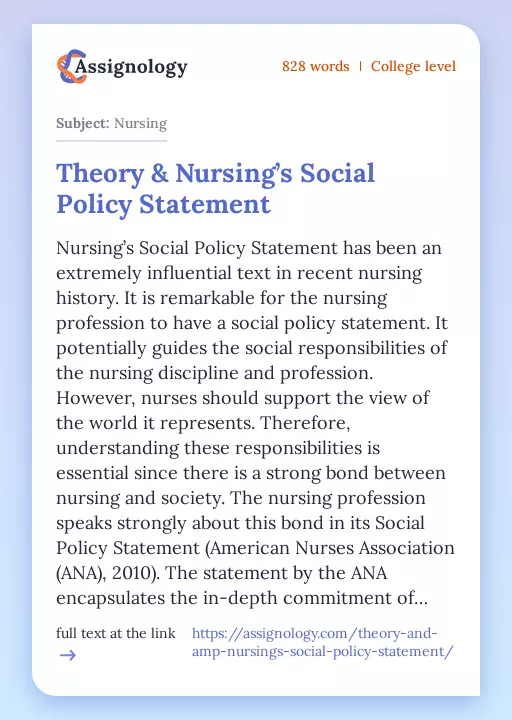 Theory & Nursing’s Social Policy Statement - Essay Preview