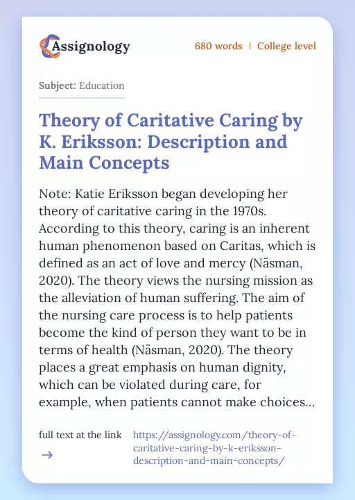 Theory of Caritative Caring by K. Eriksson: Description and Main Concepts - Essay Preview
