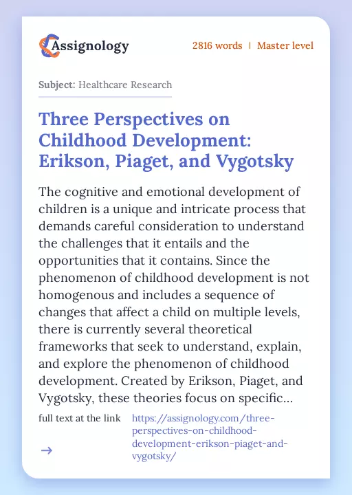 Three Perspectives on Childhood Development: Erikson, Piaget, and Vygotsky - Essay Preview