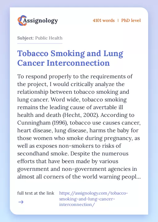 Tobacco Smoking and Lung Cancer Interconnection - Essay Preview