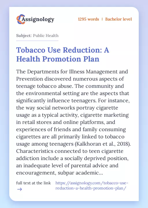 Tobacco Use Reduction: A Health Promotion Plan - Essay Preview