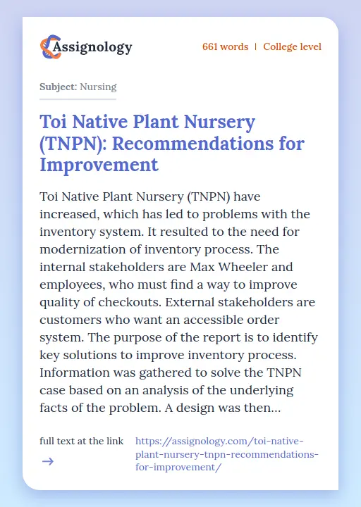 Toi Native Plant Nursery (TNPN): Recommendations for Improvement - Essay Preview