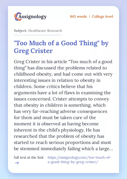 "Too Much of a Good Thing" by Greg Crister - Essay Preview