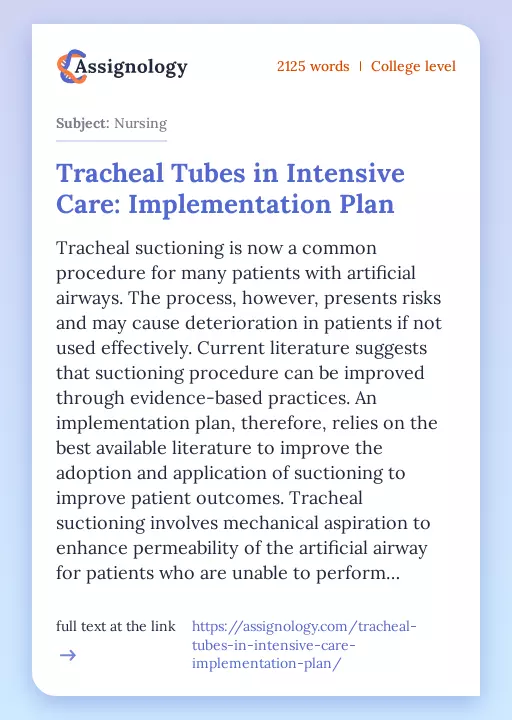 Tracheal Tubes in Intensive Care: Implementation Plan - Essay Preview