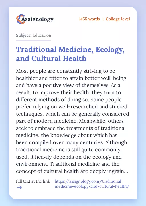 Traditional Medicine, Ecology, and Cultural Health - Essay Preview