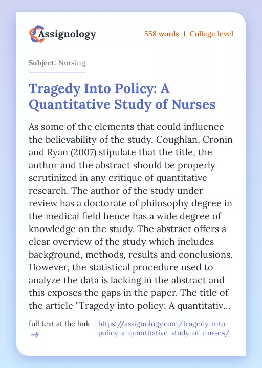 Tragedy Into Policy: A Quantitative Study of Nurses - Essay Preview