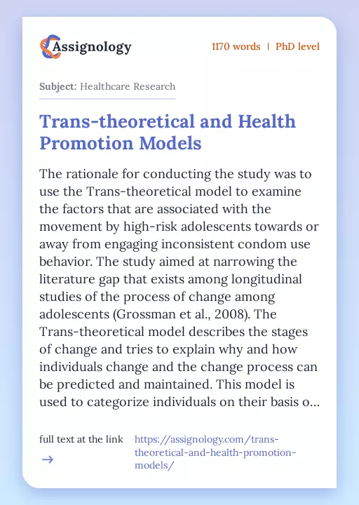 Trans-theoretical and Health Promotion Models - Essay Preview