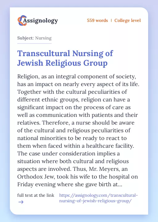 Transcultural Nursing of Jewish Religious Group - Essay Preview