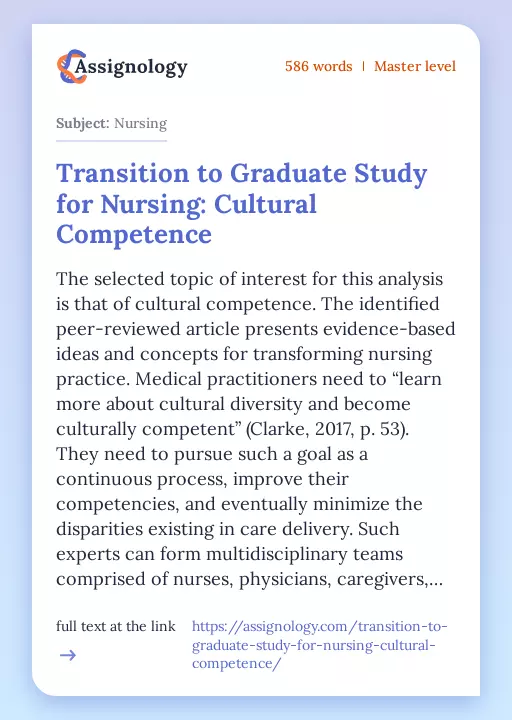 Transition to Graduate Study for Nursing: Cultural Competence - Essay Preview