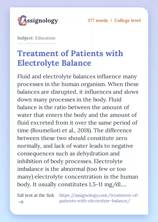 Treatment of Patients with Electrolyte Balance - Essay Preview