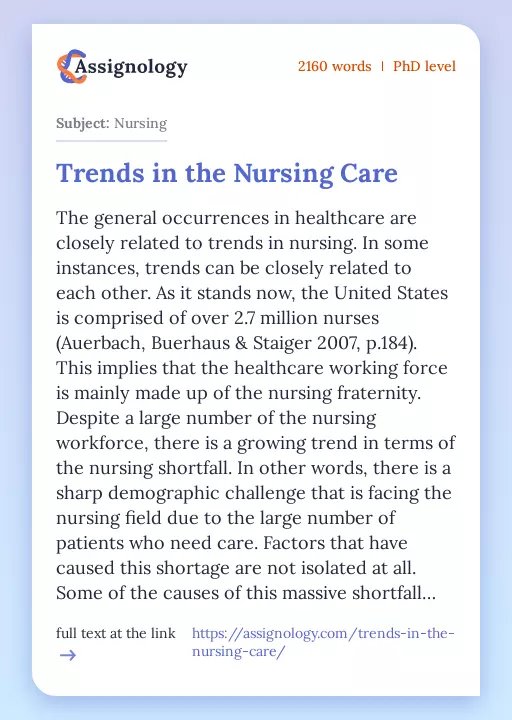 Trends in the Nursing Care - Essay Preview