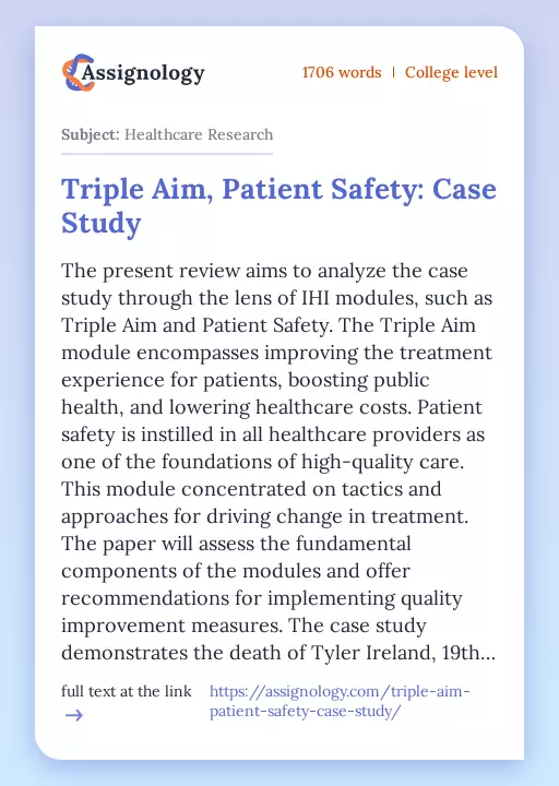 Triple Aim, Patient Safety: Case Study - Essay Preview