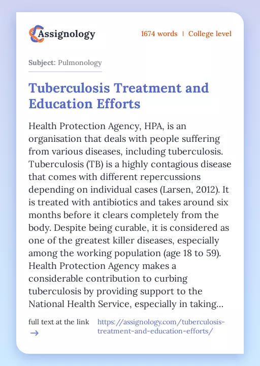 Tuberculosis Treatment and Education Efforts - Essay Preview