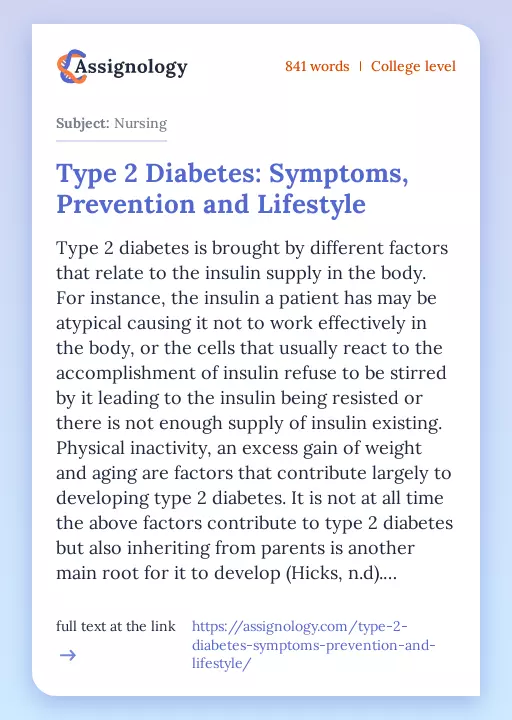 Type 2 Diabetes: Symptoms, Prevention and Lifestyle - Essay Preview