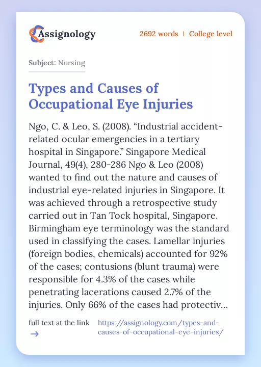 Types and Causes of Occupational Eye Injuries - Essay Preview