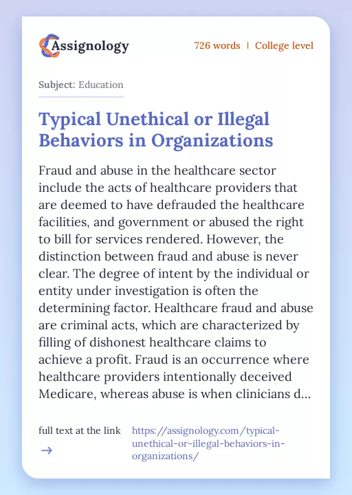 Typical Unethical or Illegal Behaviors in Organizations - Essay Preview