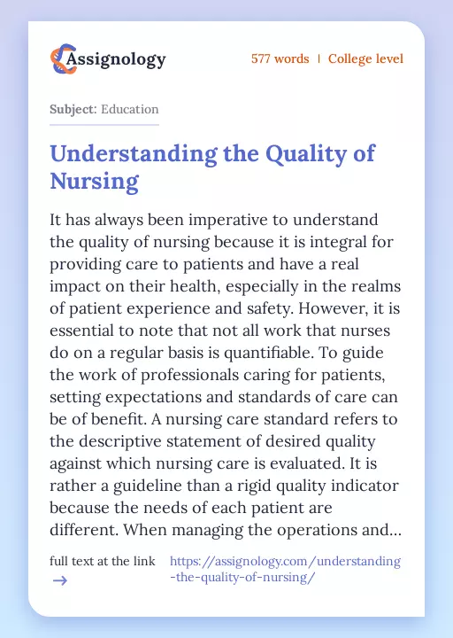 Understanding the Quality of Nursing - Essay Preview