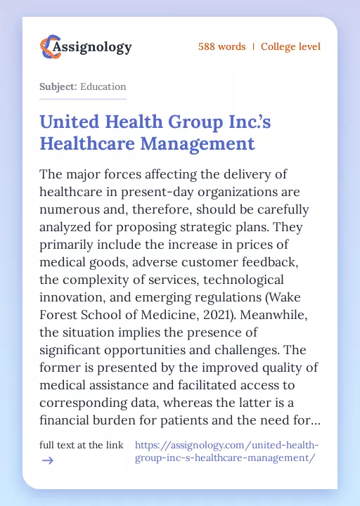 United Health Group Inc.’s Healthcare Management - Essay Preview