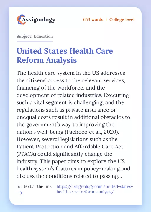 United States Health Care Reform Analysis - Essay Preview