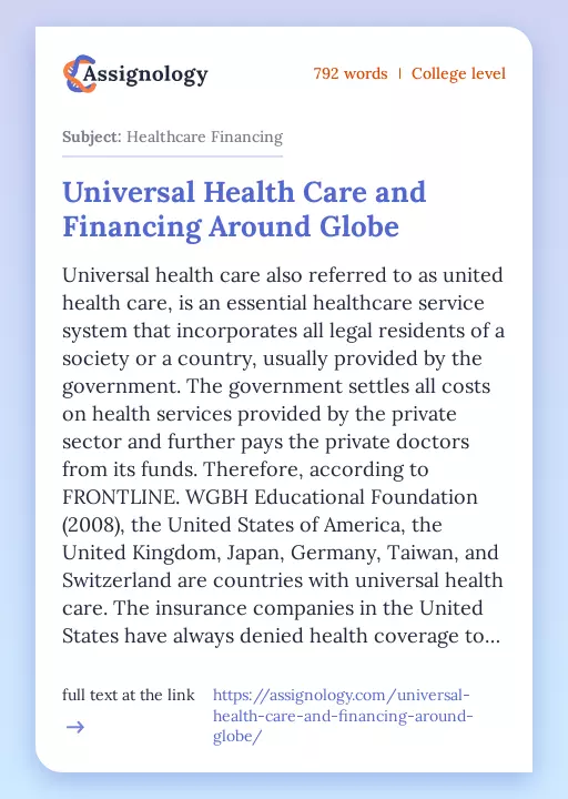 Universal Health Care and Financing Around Globe - Essay Preview