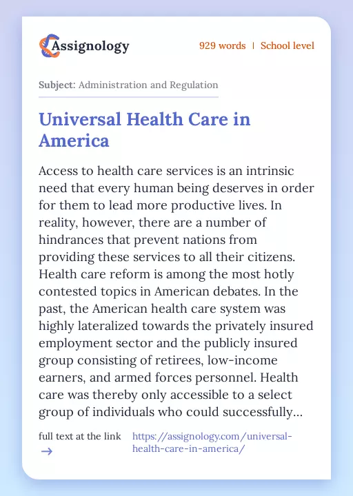 Universal Health Care in America - Essay Preview