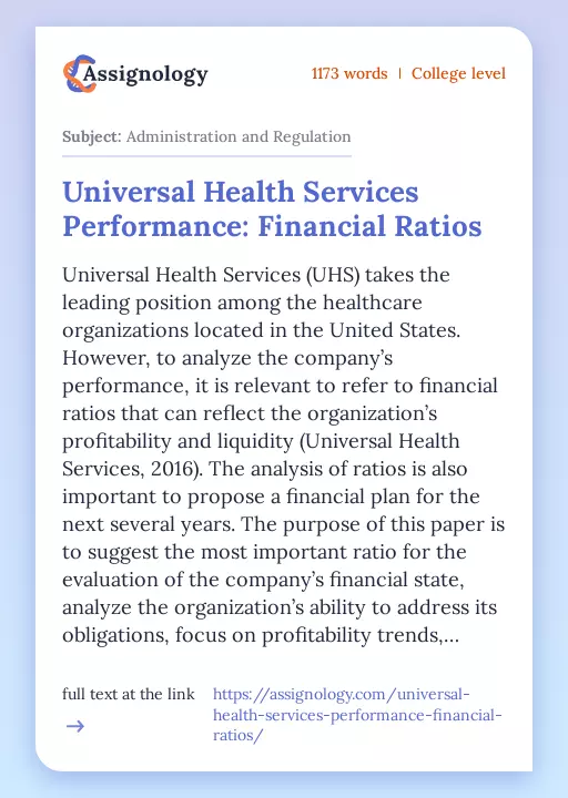Universal Health Services Performance: Financial Ratios - Essay Preview