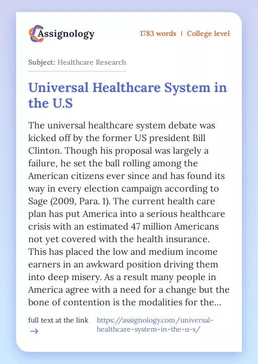 Universal Healthcare System in the U.S - Essay Preview