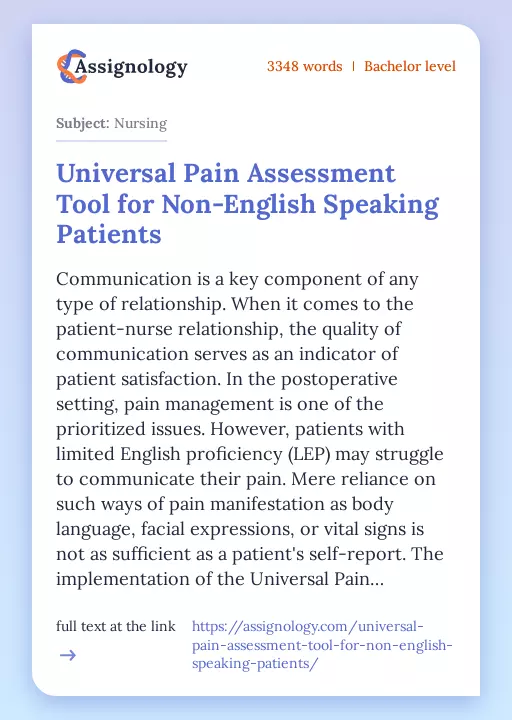 Universal Pain Assessment Tool for Non-English Speaking Patients - Essay Preview