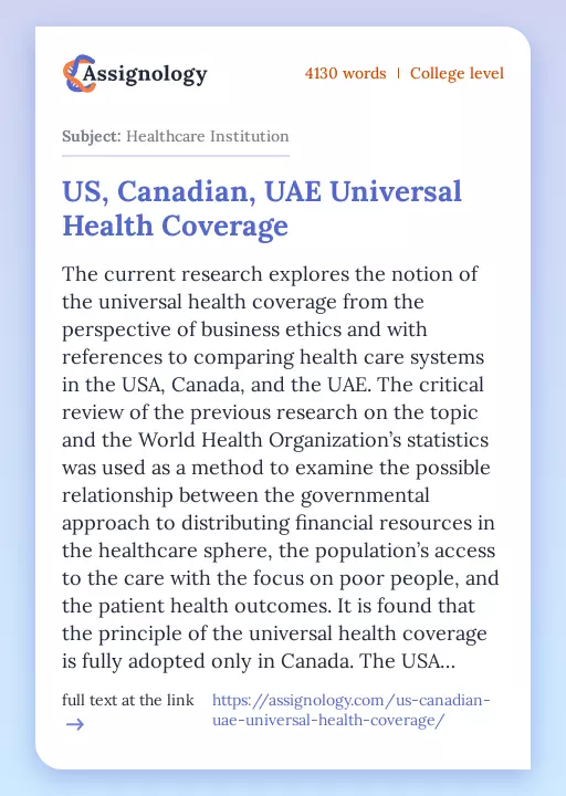 US, Canadian, UAE Universal Health Coverage - Essay Preview