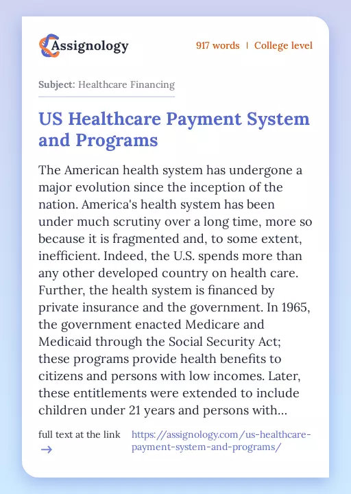 US Healthcare Payment System and Programs - Essay Preview