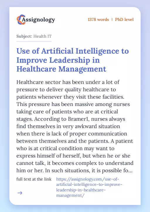 Use of Artificial Intelligence to Improve Leadership in Healthcare Management - Essay Preview