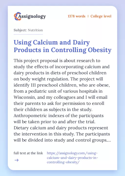 Using Calcium and Dairy Products in Controlling Obesity - Essay Preview
