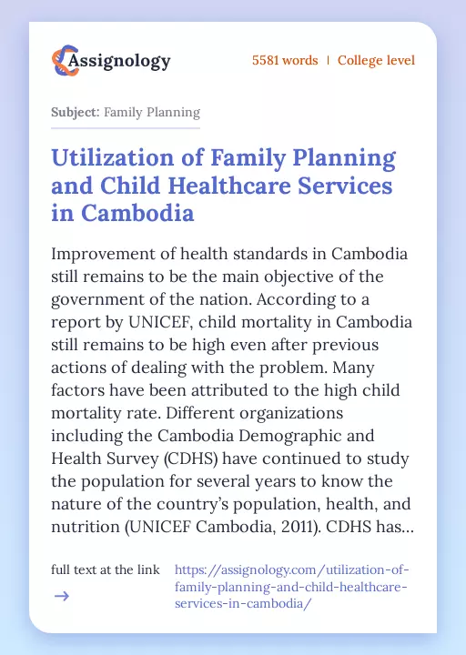 Utilization of Family Planning and Child Healthcare Services in Cambodia - Essay Preview