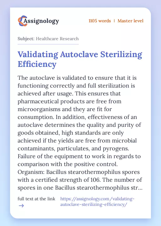 Validating Autoclave Sterilizing Efficiency - Essay Preview