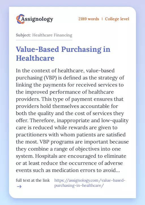 Value-Based Purchasing in Healthcare - Essay Preview