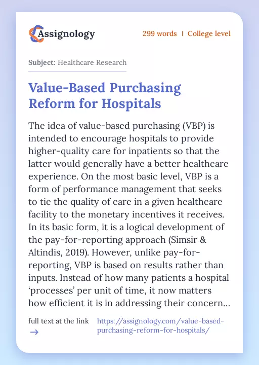 Value-Based Purchasing Reform for Hospitals - Essay Preview