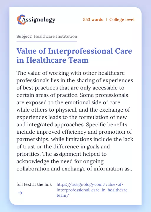 Value of Interprofessional Care in Healthcare Team - Essay Preview