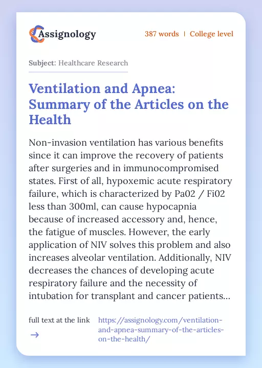 Ventilation and Apnea: Summary of the Articles on the Health - Essay Preview